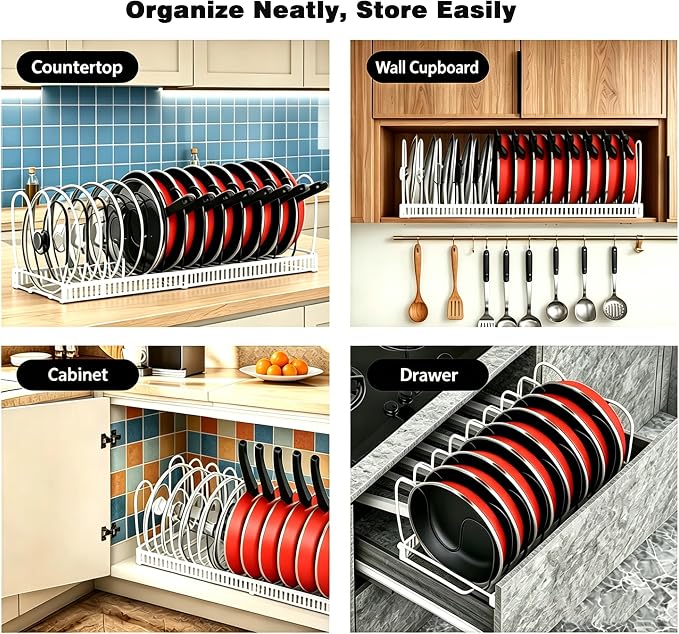 Expandable Pot and Pan Organizer for Cabinet, 14 Adjustable Dividers, Versatile Pan Holder Storage Rack, Extends from 12'' to 23'', Fits Cabinets, Countertops, or Under Sink, White, Iron