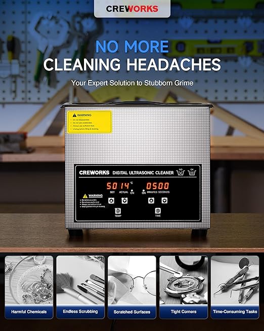 CREWORKS 3L Ultrasonic Cleaner, 0.8 gal Digital Sonic Cavitation Machine, 120W Stainless Steel Professional Jewelry Cleaner for Cleaning Tool Watch Glasses Retainer Denture Parts with Heater & Timer