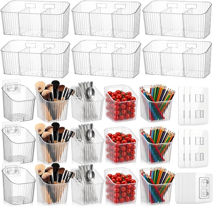 21 Pack Cabinet Door Organizer Adhesive Wall Mount Storage Bins Makeup Containers Stackable Organizer Basket for Kitchen Cabinets, Bathroom, Pantry, Office, Refrigerator (Frosted Clear)