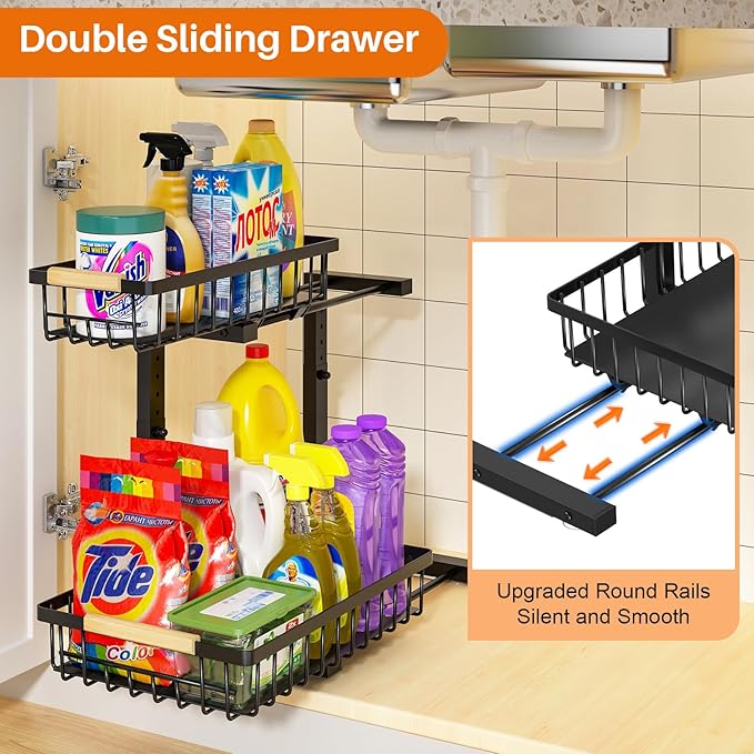 REALINN Under Sink Organizer, Height Adjustable Under Sink Organizers and Storage, 2 Tier Pull Out Drawer Cabinet Storage for Kitchen Bathroom, 1 Pack