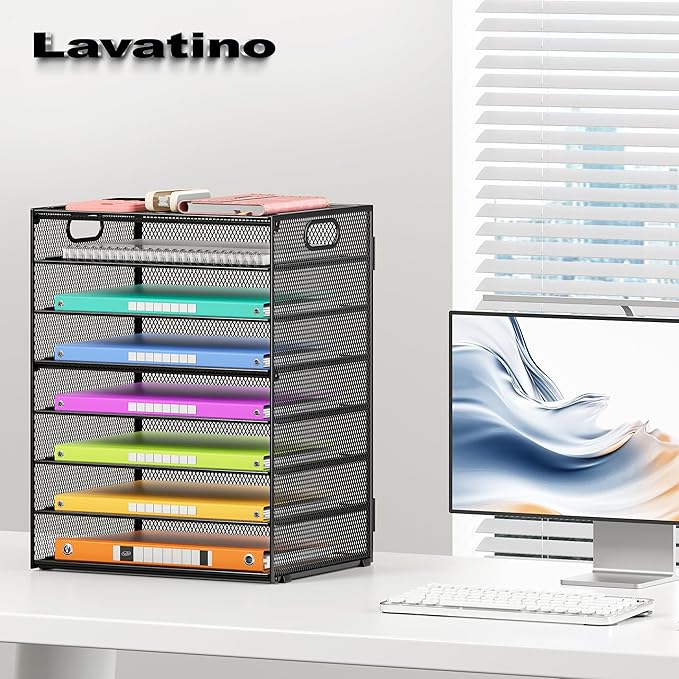 Lavatino 8 Tier Paper Organizer for Desk, Black Mesh Letter Tray File Sorter Organizers with Handles, Including 5 Adjustable Slid Trays for Office School Classroom Supplies Organization and Storage