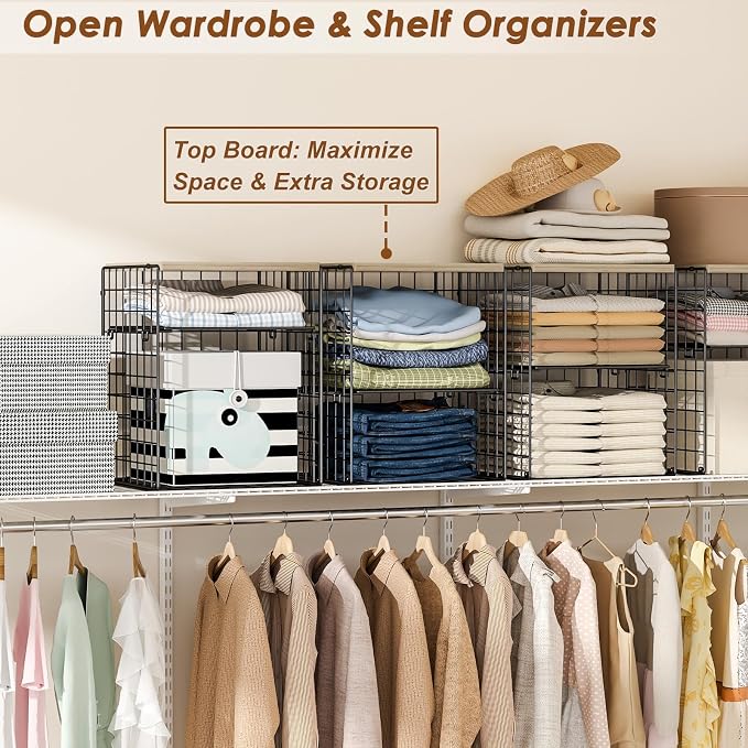 4-Tier Stackable Closet Organizers and Storage, Adjustable Dividers & Wood Top Storage Shelves for Clothes, Wardrobe & Closet Storage Basket Bins/Cube, Space-Saving Closet Organizer System, Black