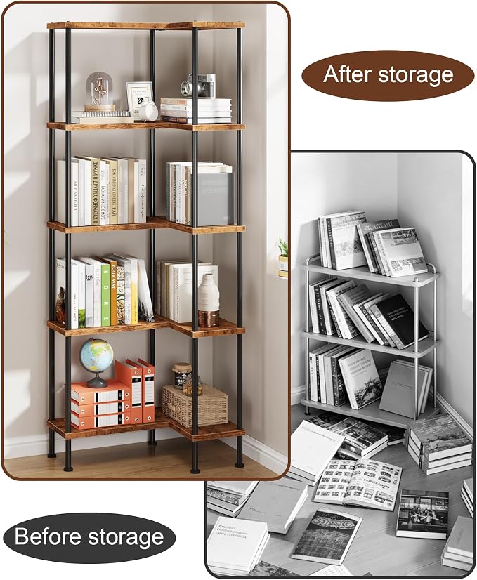 HIGDBFE 5-Tier L-Shaped Corner Bookshelf, 60" Tall Modern Corner Shelf | L-Shape Corner Fits Living Room, Bedroom, or Home Office Corners, 5 Open Shelves, Display Rack for Books, Plants, and More