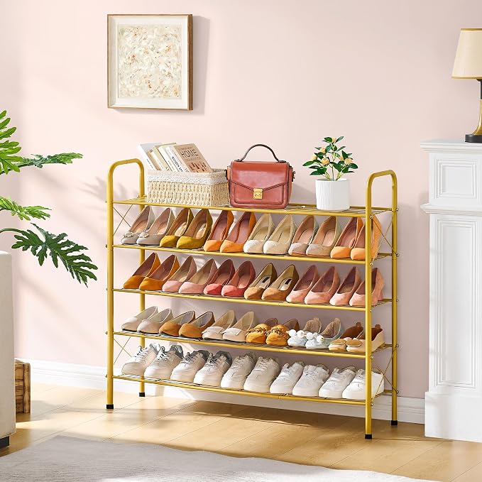 Hoctieon 5 Tier Shoe Rack for Closet, Durable Mesh Style Shoe Rack, Entryway Shoe Shelf, Shoe Storage Organizer for Hallway, Bedroom, Living Room, Wardrobe, Gold