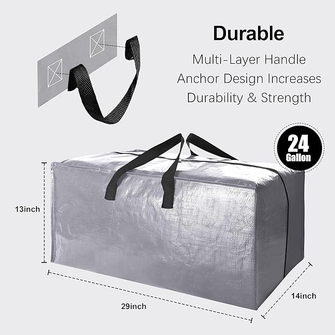 VELVETSURE 12 Pack Heavy Duty Extra Large Moving Bags W/Backpack Straps - Strong Handles & Zippers, Storage Totes For Space Saving, Fold Flat, Alternative to Moving Box and Storage Bin, Silver