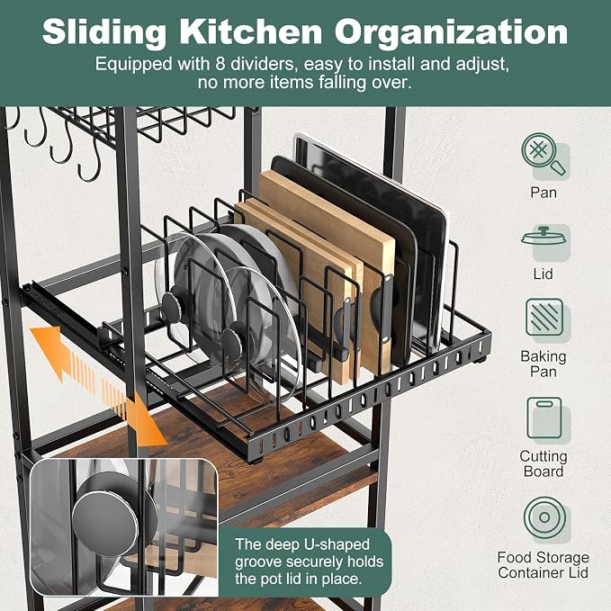 Housolution 5 Tier Kitchen Storage Cart with Fruit Basket Pot Lid Organizer | Versatile Storage, Pull-Out Cutting Board Rack, 4 Lockable Swivel Wheels, Wooden Top, for Kitchen, Pantry, Bathroom, Brown