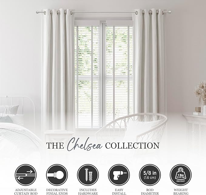 Kenney Chelsea Ball End Window Curtain Rod, Adjustable Curtain Rod for Windows 28 to 48 Inches, Extendable Curtain Rod Set, Brushed Nickel Silver Curtain Rod, Curtain Rods 2 Pack
