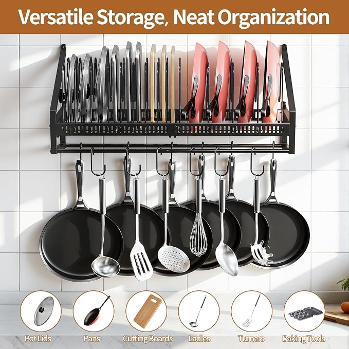Housolution Wall Mounted Pan Holder Rack Lid Organizer Cookware Hanger | 24.8" Length, 14 Adjustable Dividers, Sturdy Metal Construction, Easy Assembly