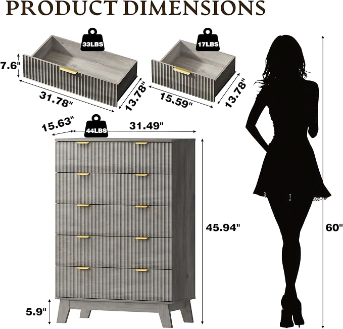 BORNOON 46" Tall Dresser for Bedroom, 6-Drawer Fluted Chest of Drawers, Modern Wood Highboy with Deep Storage, Metal Slides and Handles, Anti-Tip Kit, Vertical Clothes Organizer for Apartment, Nursery