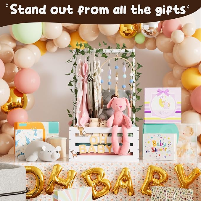Large Baby Shower Gifts Basket Wooden Crate, Personalized Wooden Letters Hangers New Born Baby Girl Boy Pregnancy Gifts for New Mom Parents Vine Decorations Cute Closet with Adjustable Handle White