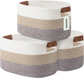 ECDYQXVU 15x10x9 Woven Cotton Rope Storage Basket, Leather Handles 3 Pack | Foldable Design, Sturdy PU Handles, Easy to Clean Organizer for Living Room, Closet, Shelves, Bedroom, Laundry, Clothes