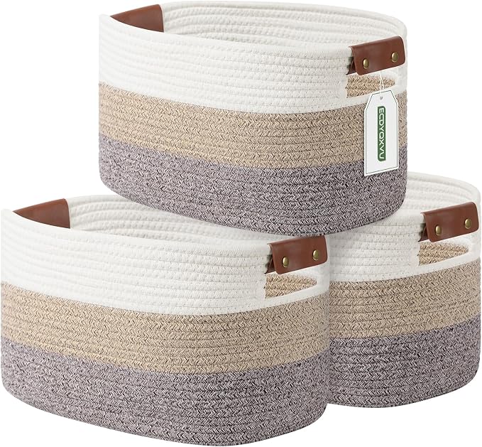 ECDYQXVU 15x10x9 Woven Cotton Rope Storage Basket, Leather Handles 3 Pack | Foldable Design, Sturdy PU Handles, Easy to Clean Organizer for Living Room, Closet, Shelves, Bedroom, Laundry, Clothes