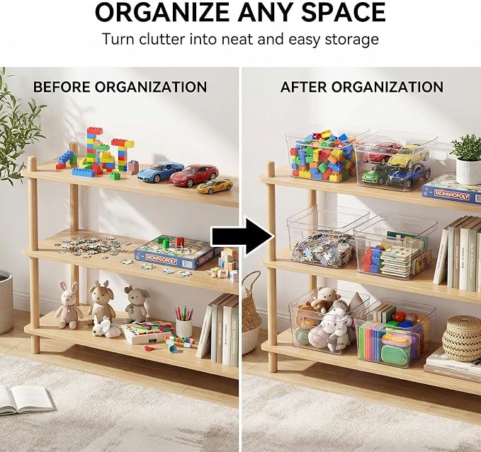 MOONEDGE 8-Pack 10x10x6 Clear Plastic Cube Storage Bins with Handles | PET square organizer containers for closet,pantry,kitchen,fridge,playroom,bathroom,under-sink,all-in-one organization
