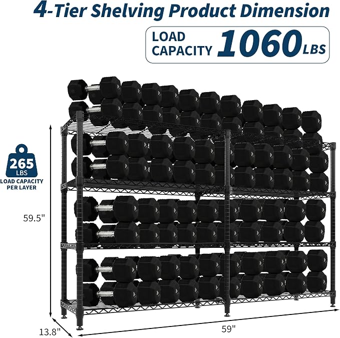 4-Tier Metal Storage Shelves, 60"W Heavy Duty Garage Shelving Unit 1060LBS Capacity, Adjustable Wire Standing Storage Shelf Organizer for Kitchen Pantry Home&Commercial, Convertible L-shaped Shelves