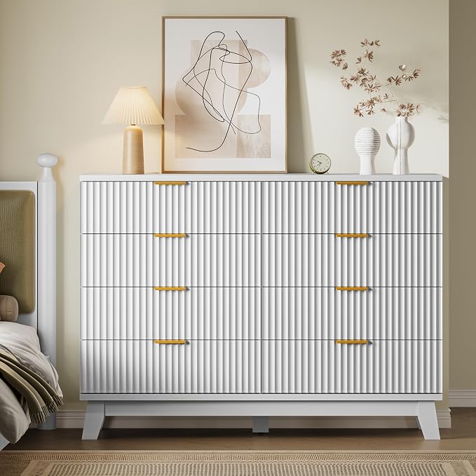 BORNOON Fluted 8 Drawer Tall Dresser, 47.2" Wide Modern Boho Chest of Drawers, Wooden Storage Dresser TV Stand for Bedroom, Living Room, Closet, Hallway, Curved Profile Design