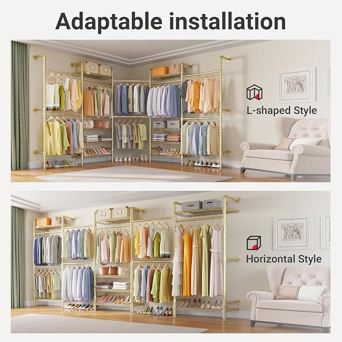 Timate L5 Expandable Wall Mounted Clothes Rack for Corner, L Shape Heavy Duty Industrial Pipe Clothing Rack with 8 Adjustable Shelves & 4 Hanger Rods, Closet System for Hanging Clothes, Gold
