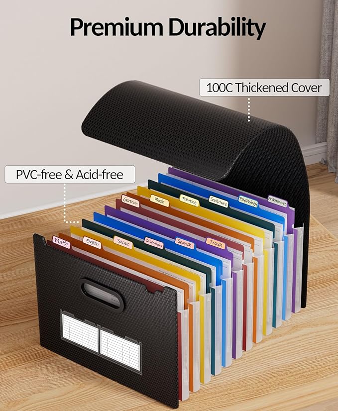 Sooez Upgraded Accordion File Organizer, Expanding File Folder with Deeper 12 Pockets - Never Cover Up Index Tabs, Monthly Bill Paper Receipt Document Organizer, Letter A4 Size for Home Office School