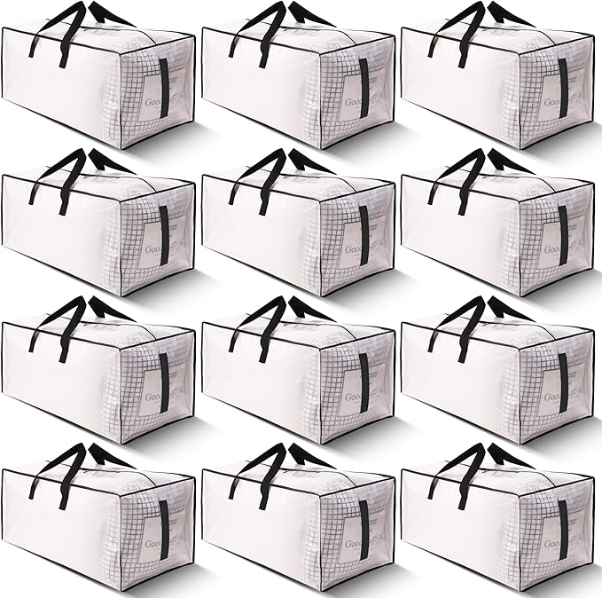 HOMESURE 12 Pack Large Strong Moving Bags with Zippers & Carrying Handles - Water-Resistant - Heavy Duty Storage Tote for Space Saving, Fold Flat, Alternative to Moving Box (Semi-Transparent)