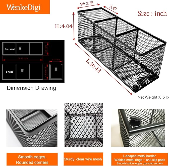 2-Pack Metal Mesh Pencil Holder, Spacious 3-Compartment Desk Organizer for Pens, Makeup Brushes, Utensils, Desktop Storage for Home, Office, School, Kitchen, 10.43x3.35x4.04 Inch, Black