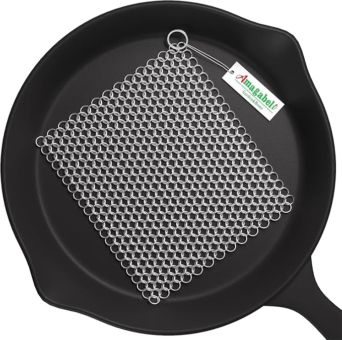 AMAGABELI GARDEN & HOME 10”x10” Stainless Steel Cast Iron Cleaner Chainmail Scrubber for Cast Iron Pan Skillet Cleaner for Dishes Cast Iron Pot Cookware Accessories BG263