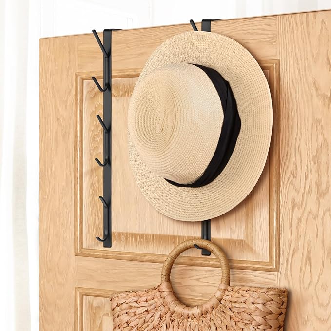 Tandefio 2 Pack 13.8" Over The Door Hook Hanger Comes with 6 Hooks from Large to Small Metal Extra Long Over The Door Hooks Hanger for Hats Rack Coat Scarf Purse Bags Scarf Keys and More (Black)