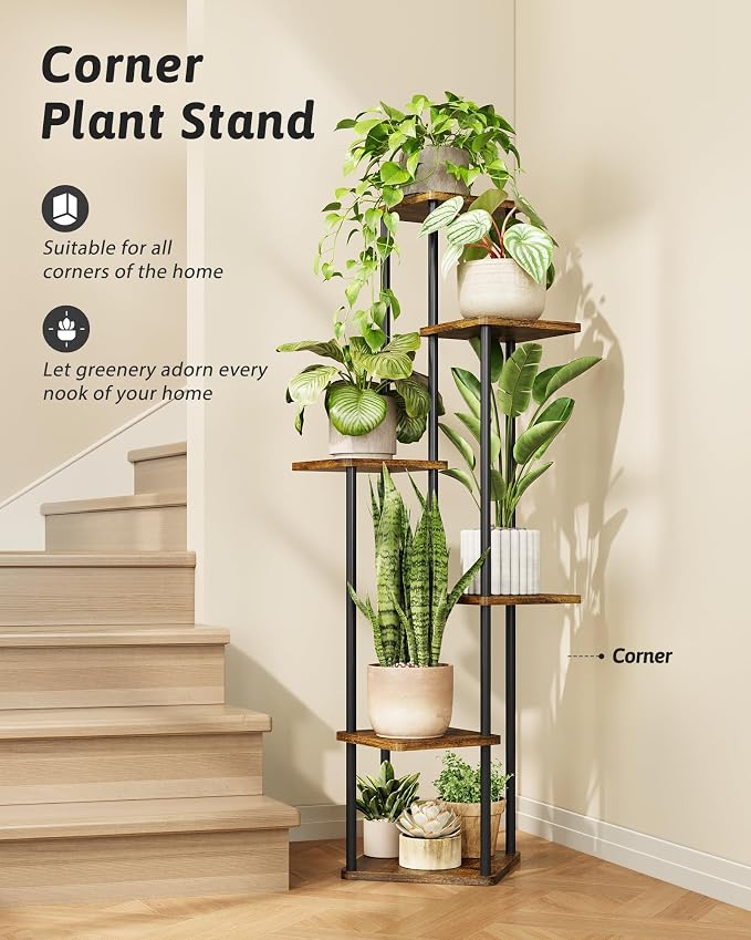 GENTINGBRO Corner Plant Stand Indoor 6 Tiered Tall Plant Stand Plant Shelf for Multiple Plants Coner Shelf Wood Plant Stands Metal Shelving for Living Room Bedroom Balcony Patio Brown Oak