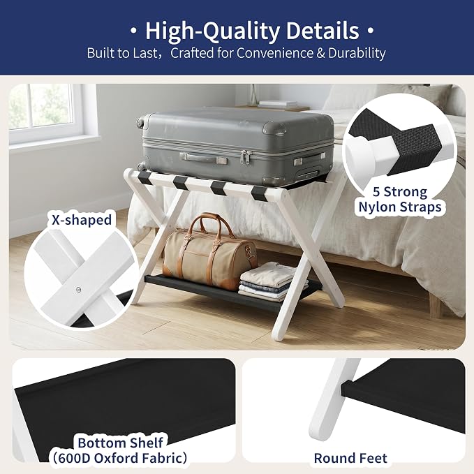 Heybly Luggage Rack for Guest Room, Folding Luggage Stand & Suitcase Holder, Suitcase Stand, Heavy Duty Wooden Luggage Rack with Double Shelf for Hotel & Bedroom, 5 Heavy Duty Straps, White HLR012W1