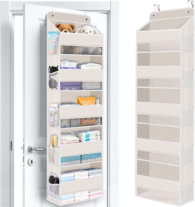 WISELIFE Over the Door Organizer Storage with 5 Large Pockets, Door Hanging Organizer with Clear Windows, Behind the Door Storage for Nursery Bedroom Bathroom Pantry Closet and Baby Essentials, Beige