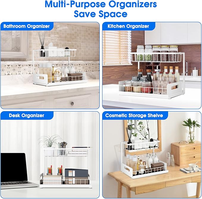 2 Pack Under Sink Organizer, 2 Tier Pull-Out Cabinet Storage Shelf, Rust-Resistant Metal Organizer for Kitchen Bathroom Laundry Room, No Tools Installation, White