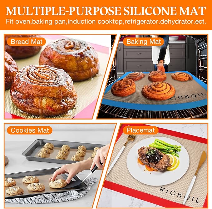 Small Silicone Baking Mats Quarter Sheet Non Stick Reusable Silicone Oven Liners, BPA Free, Food Grade Baking Mats for Cookies, Macarons Bread & Pastry, Toaster Pad Set of 3 Pack 11.6'' x 8.5''