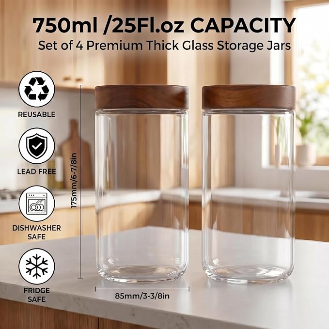Danmu 24 oz Glass Jars with Lids 4 Pack,Acacia Wood Lid | Airtight Canister for Coffee Bean Storage,Pantry,Home Organization,Leakproof,Dishwasher Safe(remove lids),Fridge Safe