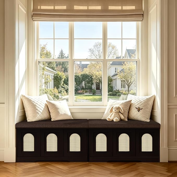 DINZI LVJ Shoe Storage Bench with Cushion, Entryway Bench with Seat & Doors | 2-Tier Cabinet Bench Fits 6 Shoes, Adjustable Shelves for Boots, Easy Assembly, Farmhouse, Bedroom, 39.4"W, Rattan, Espresso