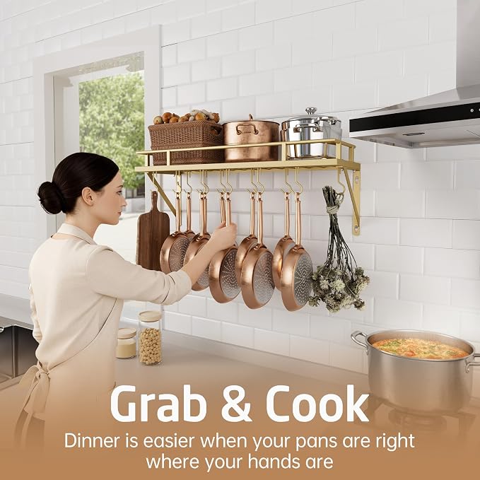 KES 30-Inch Gold Pot Rack, Wall Mounted Hanging Pot and Pan Organizer | 12 Sturdy Hooks, Elegant Modern Kitchen Wall Hanger Shelves, KUR215S75A-GD