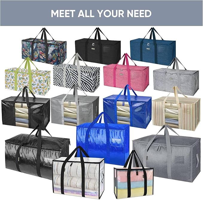 TICONN 4 Pack Extra Large Moving Bags with Zippers & Carrying Handles, Heavy-Duty Storage Tote Moving Boxes for Space Saving (4 PK, 45 Gallon)
