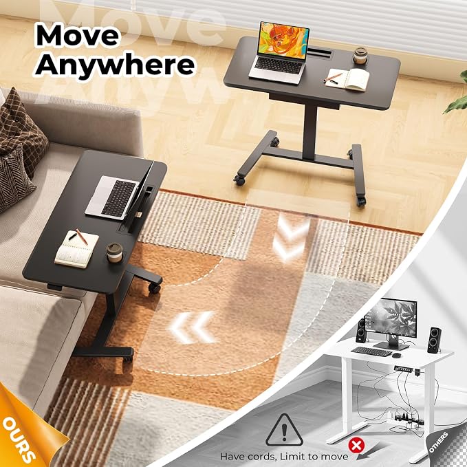 40"×20" Mobile Desk with Drawer, Rolling Desk with Storage | Height Adjustable Portable Laptop Desk on Wheels, Small Computer Desk with Cup Holder and Hooks for Study & Work, Black
