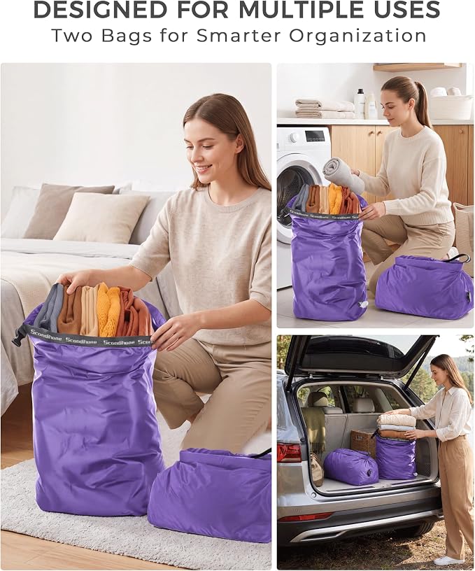 Travel Compression Laundry Bag, Pump-Free Vacuum Space Saver Bag for Dirty Clothes, Reusable Waterproof Wet Dry Bag, Travel Laundry Bag for Luggage, Packing, Suitcase (2 Pcs)（Purple, M + L)