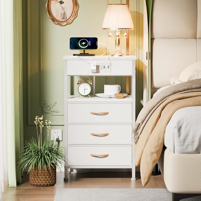 Furnulem Night Stand with Charging Station, 28.3 Inch Tall Bedside Table with PVC Drawers, End Table with USB Ports and Outlets, 3 Fabric Drawer Storage Nightstand for Bedroom, 3 Ways to Use, White | 28.3 Inch Tall Dorm Night Stand with fabric Drawers,...