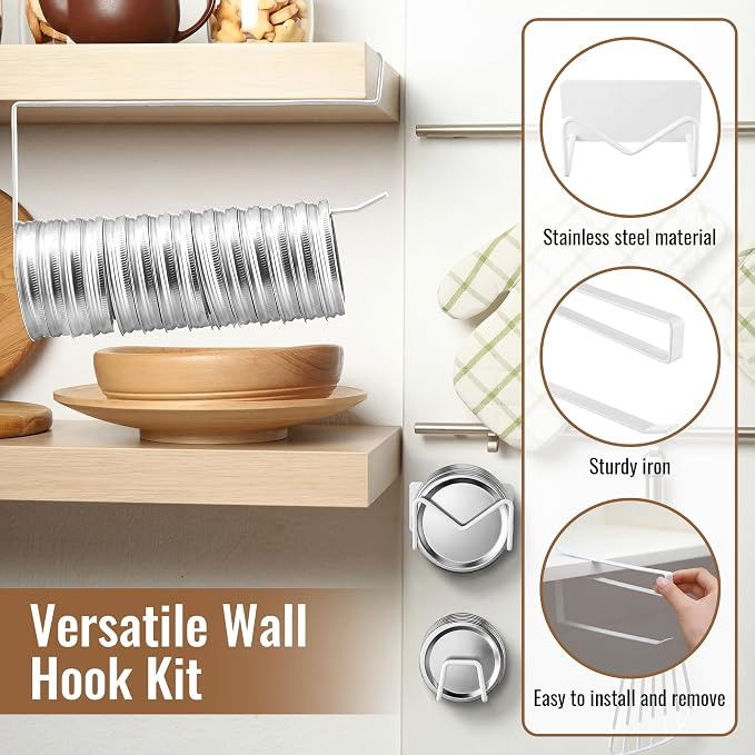 Dreyoo 4 Pcs Mason Jar Lid Organizer, Canning Jar Lids & Rings Holder | Holds Up to 38 Lids and 34 Rings, Come With Adhesive-Backed,Easy to Slide-On Cabinet, Stainless Steel and Iron (White)