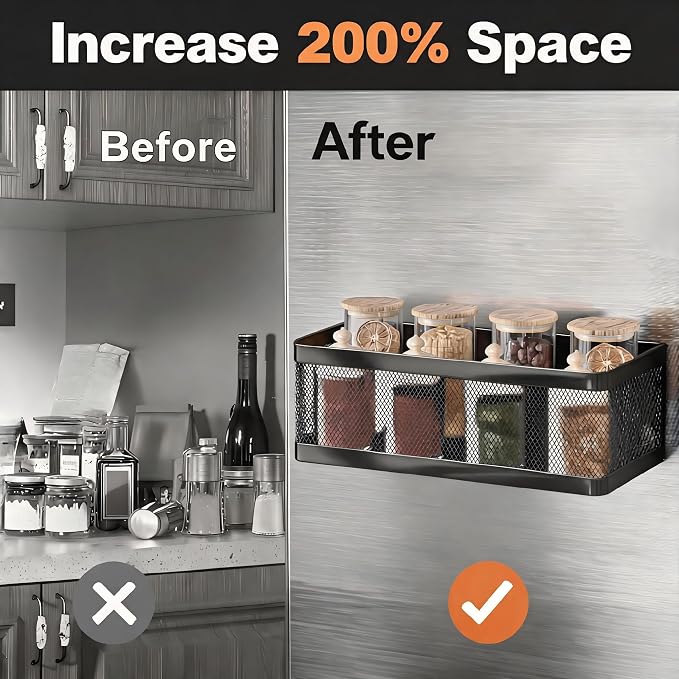 1 Pcs Magnetic Spice Shelf Rack For Fridge,Magnet Fridge Basket | Heavy Duty Magnetic Shelves,Carbon Steel,4.02inch High,Magnetic Basket For Fridge,Laundry room
