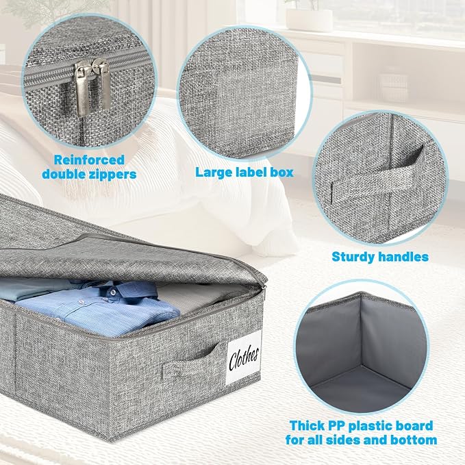 Under Bed Storage Container Bin 3 Pack, Low Profile Foldable Underbed Clothes Storage Organizer W/ Ultra Thick Fabric and Sturdy Bottom/Sides, Dual Zipper Storage Box for Dorm and Home 30x16x6.7"