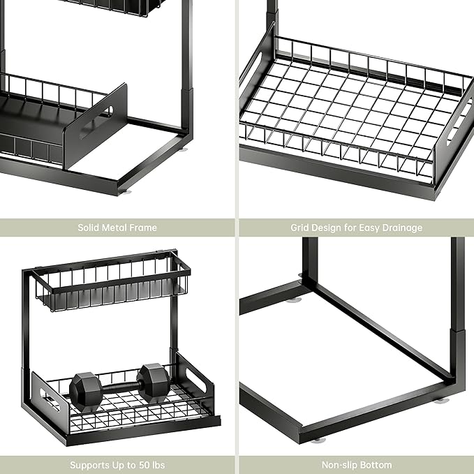 VUSIGN Under Kitchen Sink Organizer 2 Tier, Pull Out Bathroom Sink Organizers and Storage, Cabinet Kitchen Bathroom Storage Organization Shelf, 2 Pack Black
