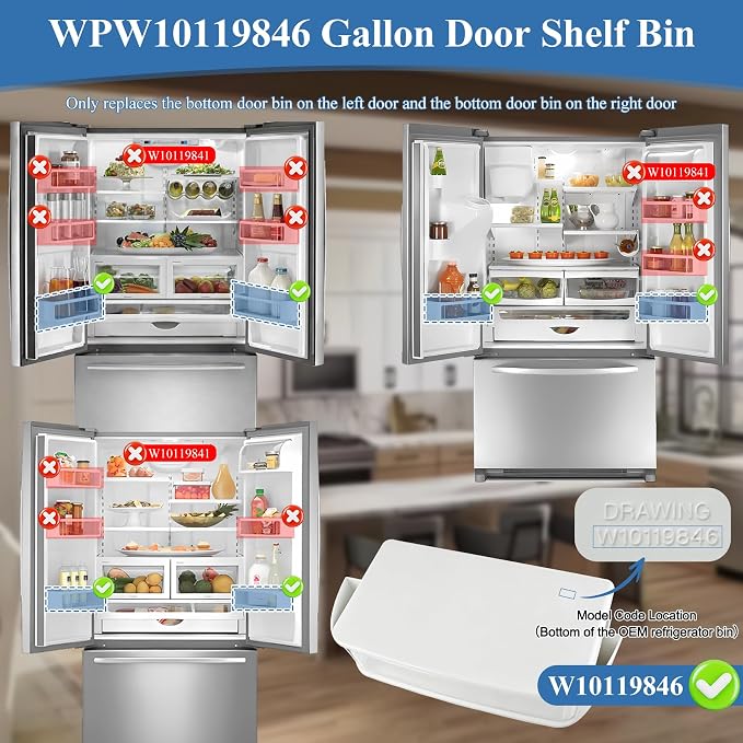 W10119846, WPW10119846 Door Shelf Bin Compatible with kitchenaid Basket-Door, Jenn-Air Refrigerator Door Bin, whirlpool door bin. Fit for KRFC302ESS00 JFC2290REP00 etc. Replacement 1480807, PS2347787