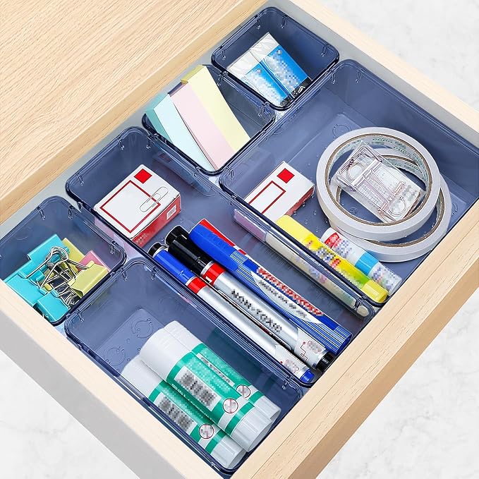 StorMiracle 10 PCS Drawer Organizer Set, 5 Varied Size Bathroom and kitchen Drawer cabinet organizer Trays, Clear Storage Bins for Makeup, Jewelry, Utensils and Gadgets, Dark Blue