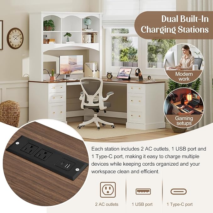 Merax L Shaped Desk White, Corner Computer Desk with Dual Charging Stations & Keyboard Tray, Farmhouse Home Office Desk with Hutch, File Drawer & Storage Cabinet, Space Saving Workstation