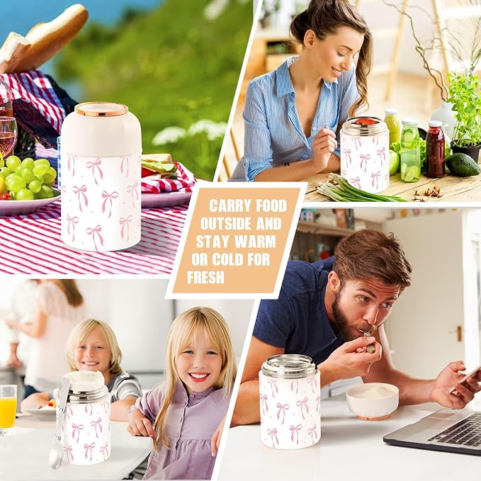 Pink Bow Vacuum Insulated Food Jar with Spoon, 17oz Stainless Steel Hot Cold Lunch Container, Wide Mouth Leakproof Soup Thermo for Kids Adults