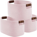 ECDYQXVU 15x10x9 Woven Cotton Rope Storage Basket, Leather Handles 3 Pack | Foldable Design, Sturdy PU Handles, Easy to Clean Organizer for Living Room, Closet, Shelves, Bedroom, Laundry, Clothes