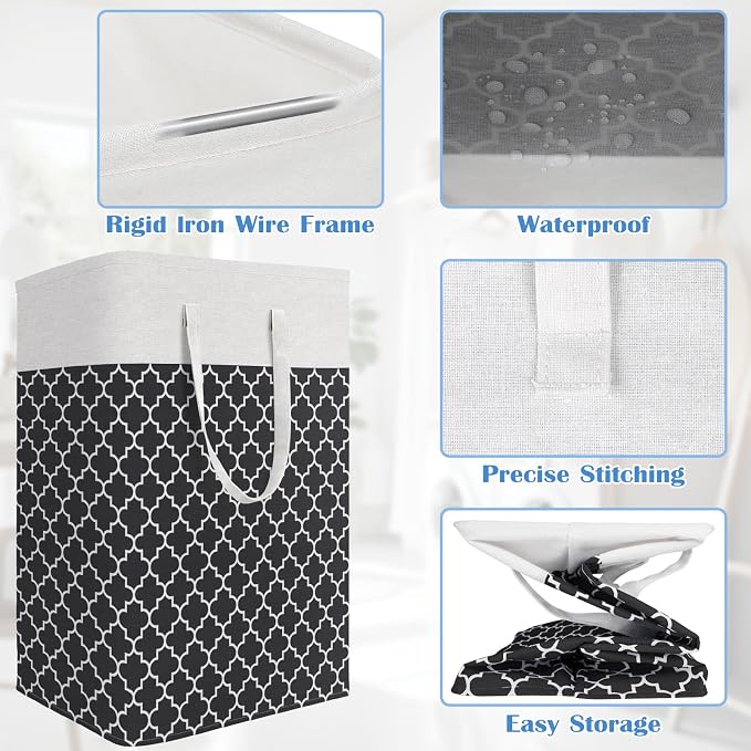 BlissTotes 3-Pack Laundry Basket, Freestanding＆Waterproof Laundry Hamper, Collapsible Tall Clothes Hamper with Easy Carry Handles for Clothes, Towels in the Family and Dorm,Clover Black,88L
