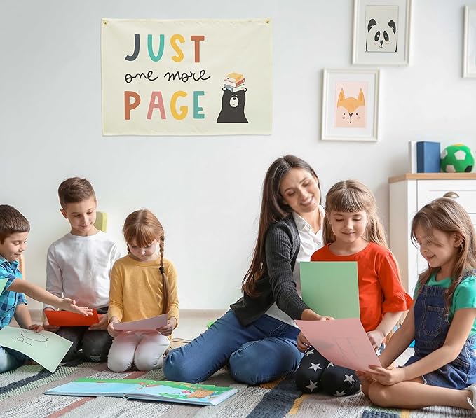 Classroom Wall Banner Decor-Teacher Gift-Inspirational Back to School Wall Art Flag Decor-Just One More Page-Hanging Canvas Banner for Classroom Reading Corner Homeschool Teacher Office