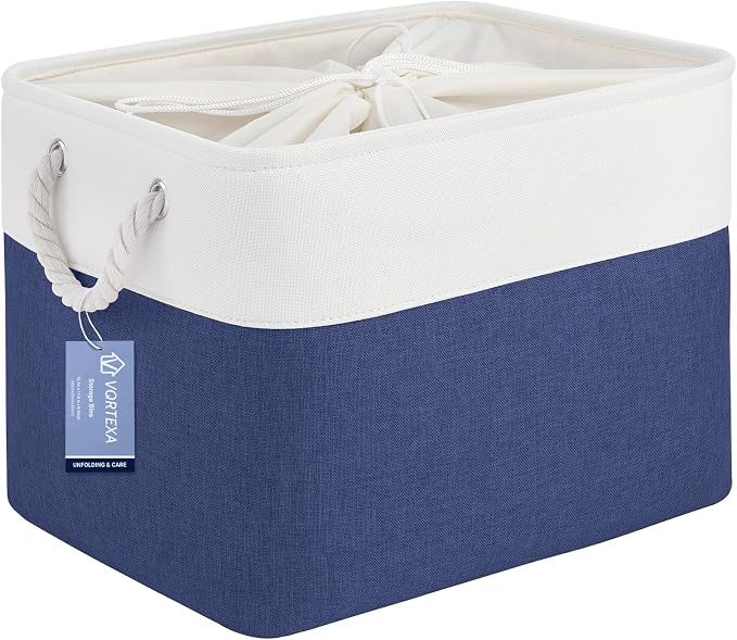 Large Storage Baskets- 16x12x12 inch Storage Bins for Shelves and Closet Organizing, Foldable Fabric Bin for Home Organization Clothes and Laundry (1-Pack, White&Blue)