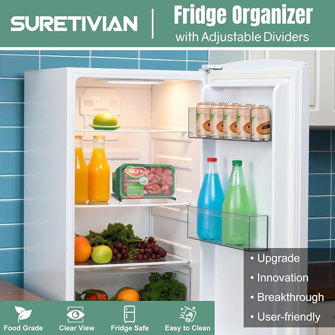 Freezer Organizer,12" Visible Fridge Organizer Rack with Removable Dividers | Freely Adjustable,Easy to Pull Out and Carry Handle, Fits Refrigerator Frozen Meals, Lunch Meat Box, Cheeses, Black